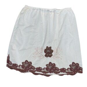 Vintage White Half Slip Brown Floral Lace Trim Elastic Waist 16.5" Long 34 Small